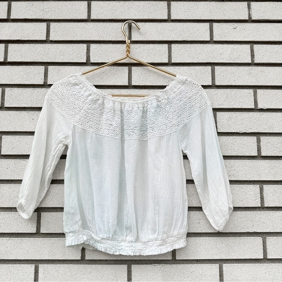 Aerie Off Shoulder Ivory Crochet Boho Peasant Top Smocked Waist 3/4 Sleeve XS - Picture 11 of 11